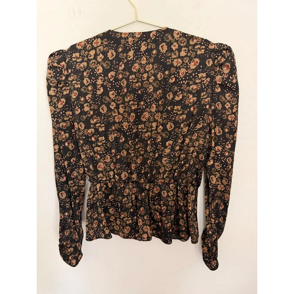 Free People Floral Surplice Peplum Victorian Blouse V-Neck Puff Sleeve Sz Small